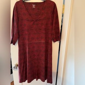 Toad&Co Rosalinda dress with gathered top detail, 3/4 sleeves, year round wear.